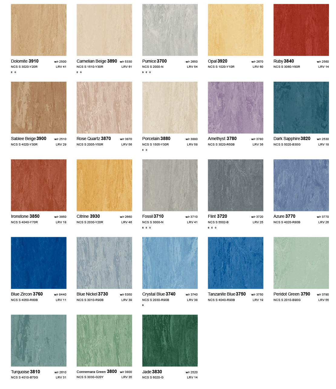 Bảng màu sàn vinyl Polyflor XLPU cho dự án